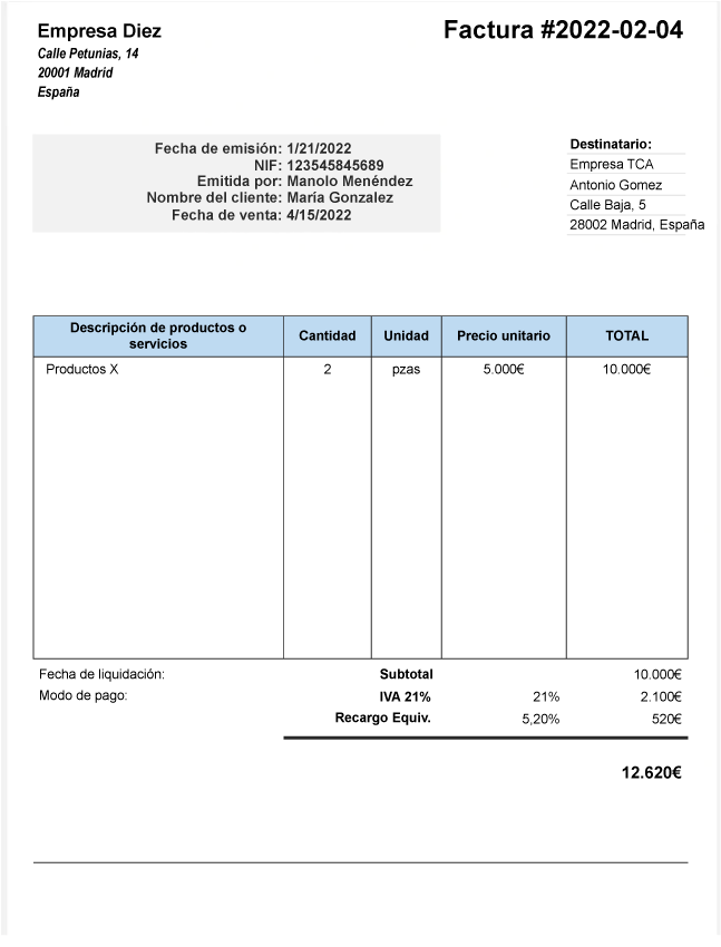 Factura recargo equivalencia Factura recargo equivalencia